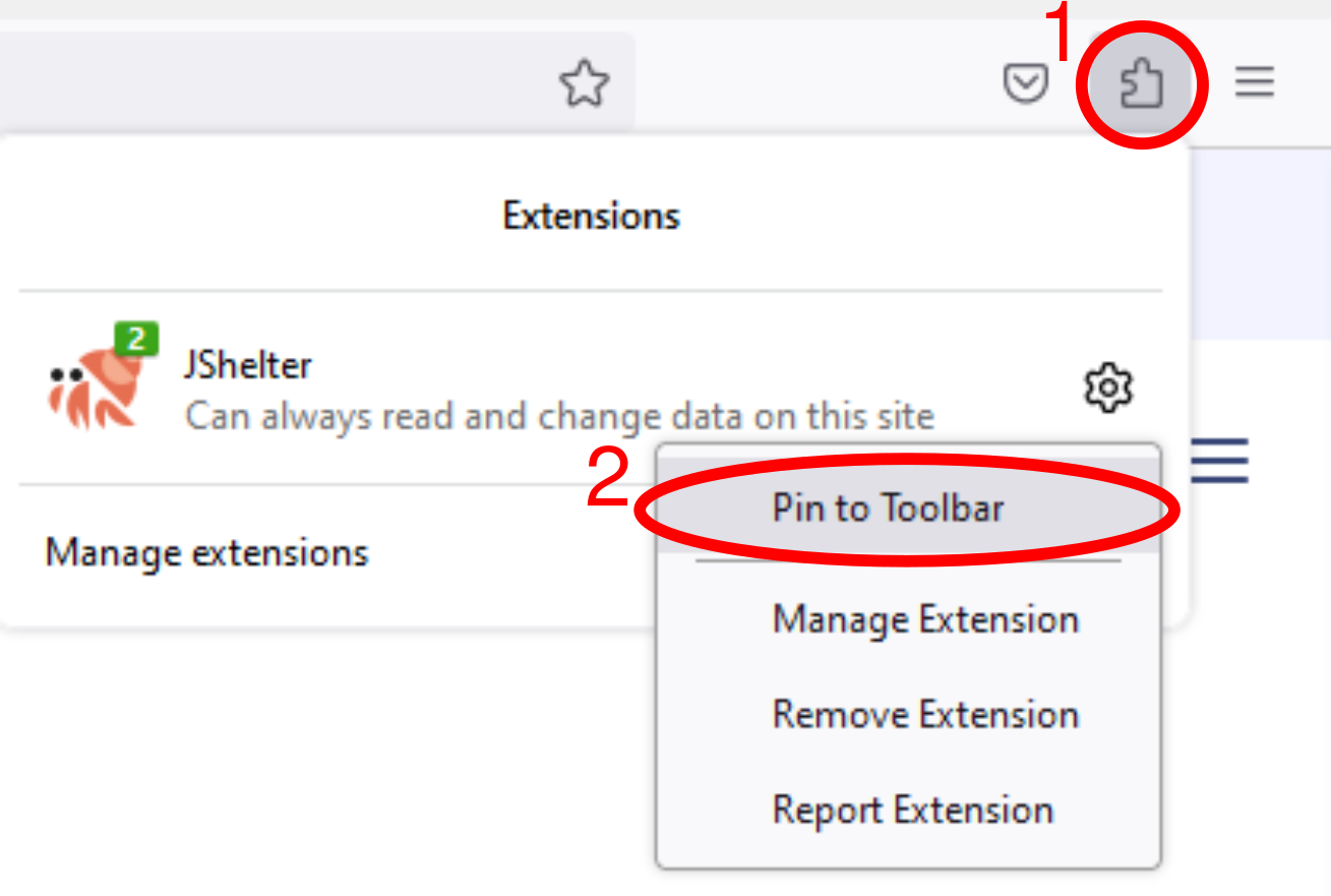 Pin JShelter to Firefox toolbar