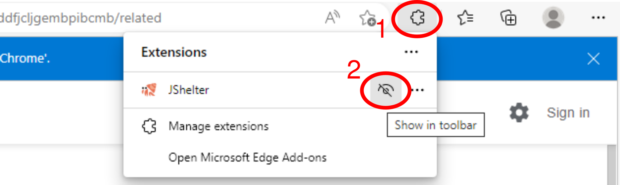 Afixa o JShelter na barra
de ferramentas em browsers baseado no
Chromium