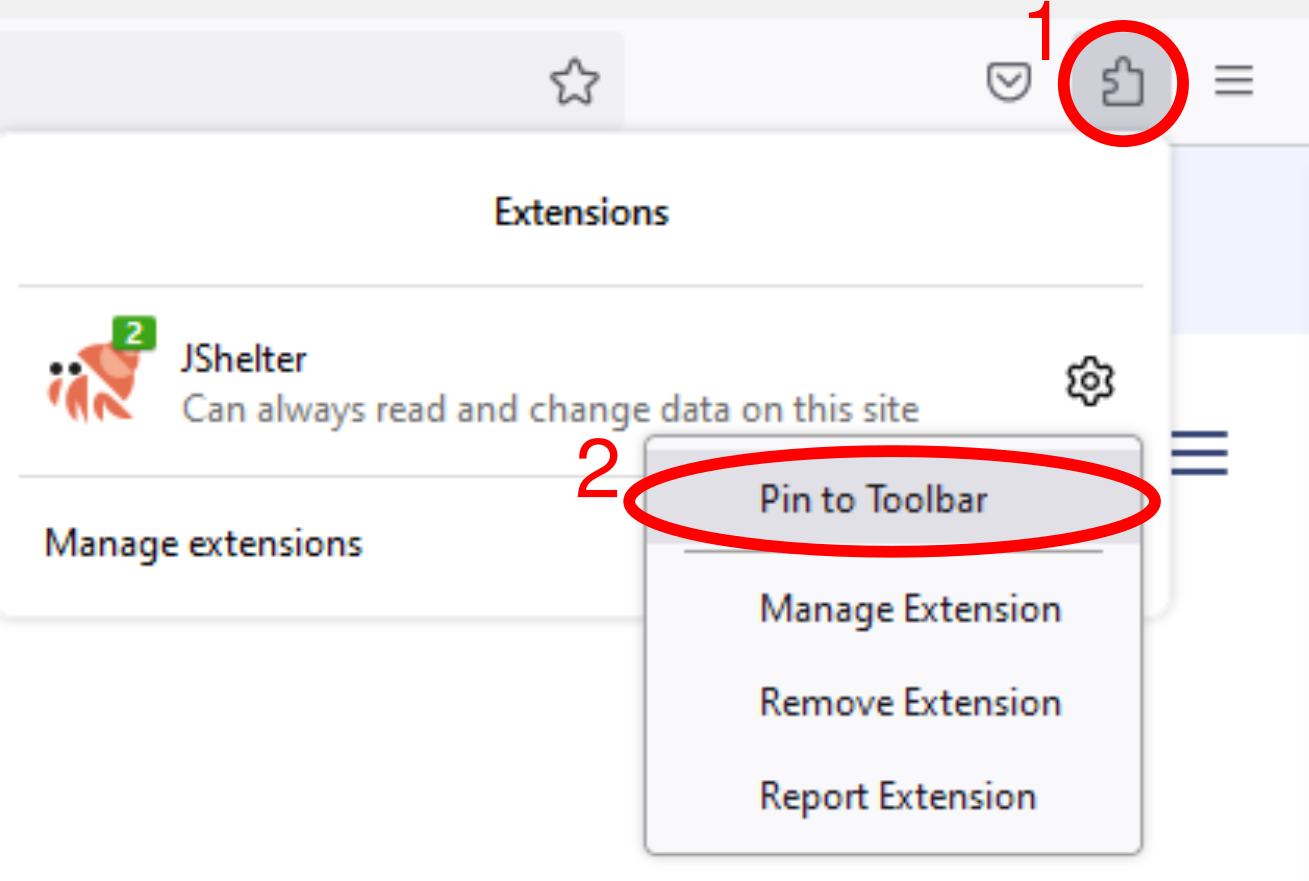 Afixa o JShelter na barra de ferramentas do
Firefox